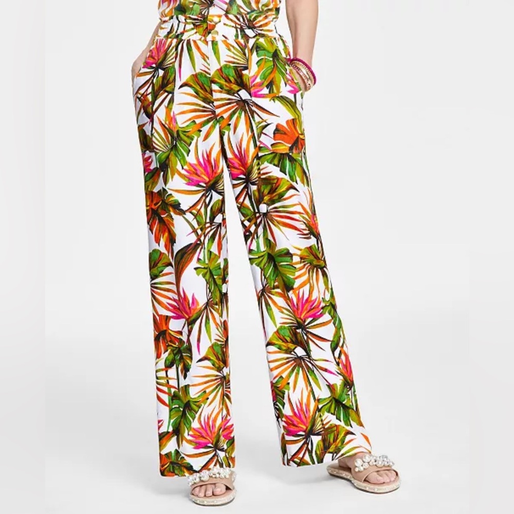 INC Beautiful Size S Tropical Leaf Print Wide-Leg Linen Rayon Blend Pants NWOT